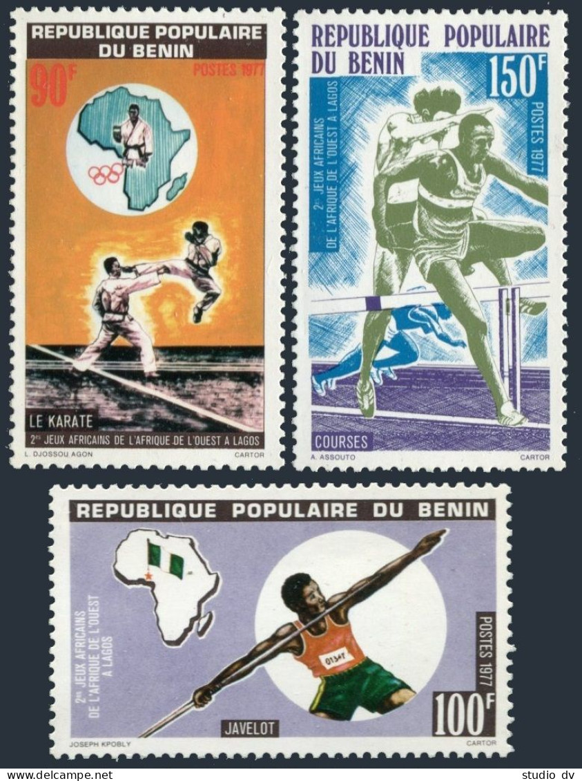 Benin 376-378, MNH. Mi 100-102. African Games, 1977. Javelin,Karate,Hurdles,Map. - Benin - Dahomey (1960-...)