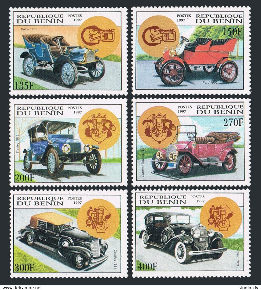 Benin 987-992,993, MNH. Michel 1063-1068, 1069 Bl.43. Antique Automobiles, 1998. - Benin - Dahomey (1960-...)