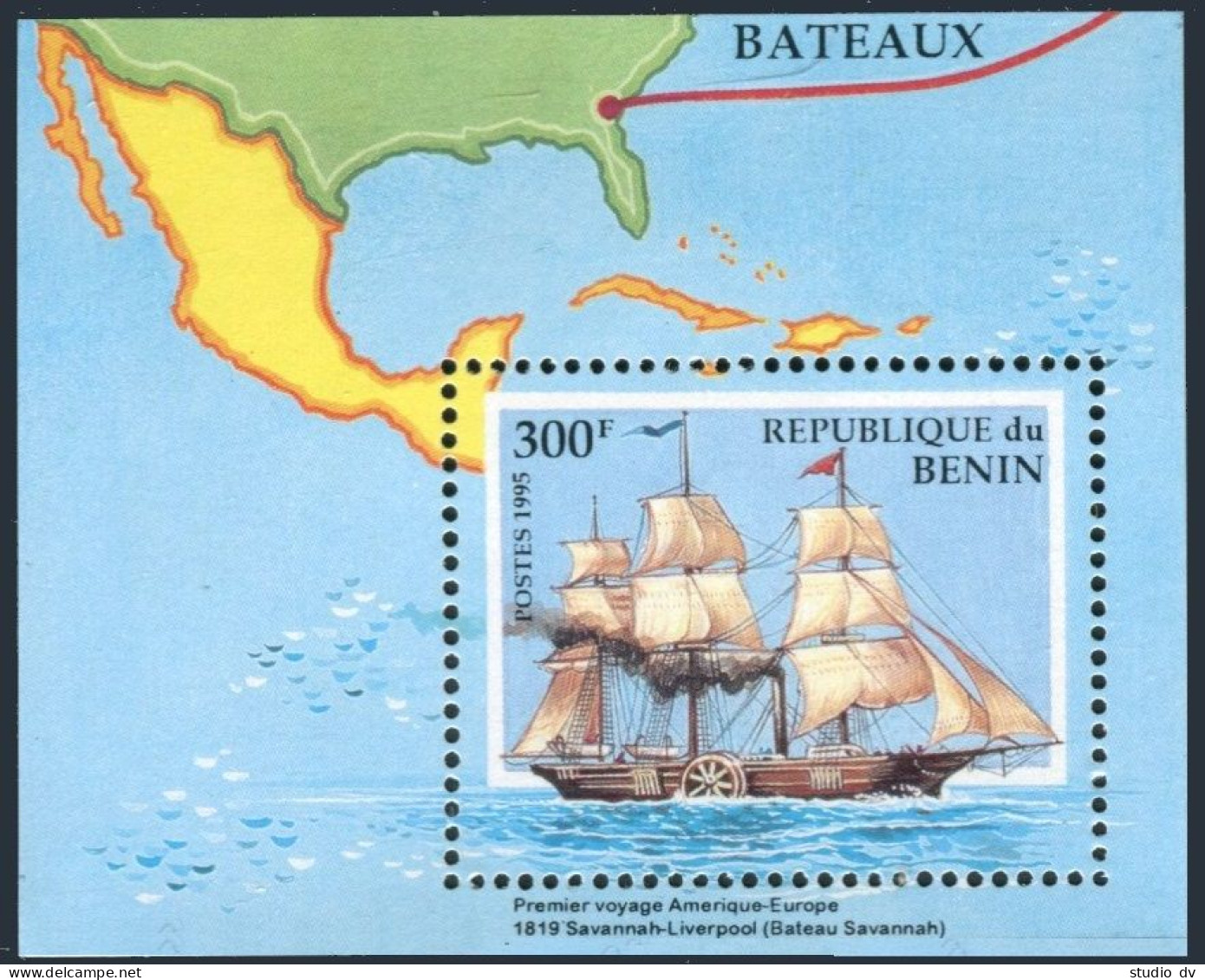 Benin 754, MNH. Michel 805 Bl.18. Ships 1995. Map. - Bénin – Dahomey (1960-...)