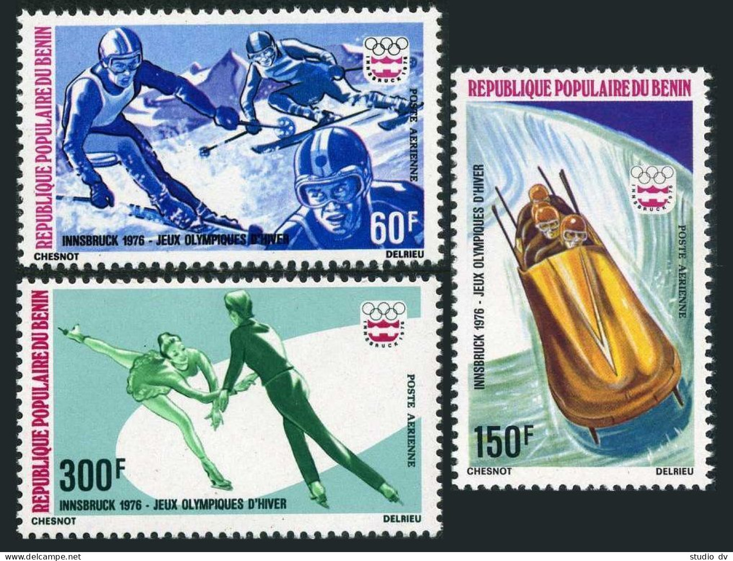 Benin C244-246,MNH.Michel 46-48. Olympics Innsbruck-1976.Slalom,Bobsledding, - Bénin – Dahomey (1960-...)