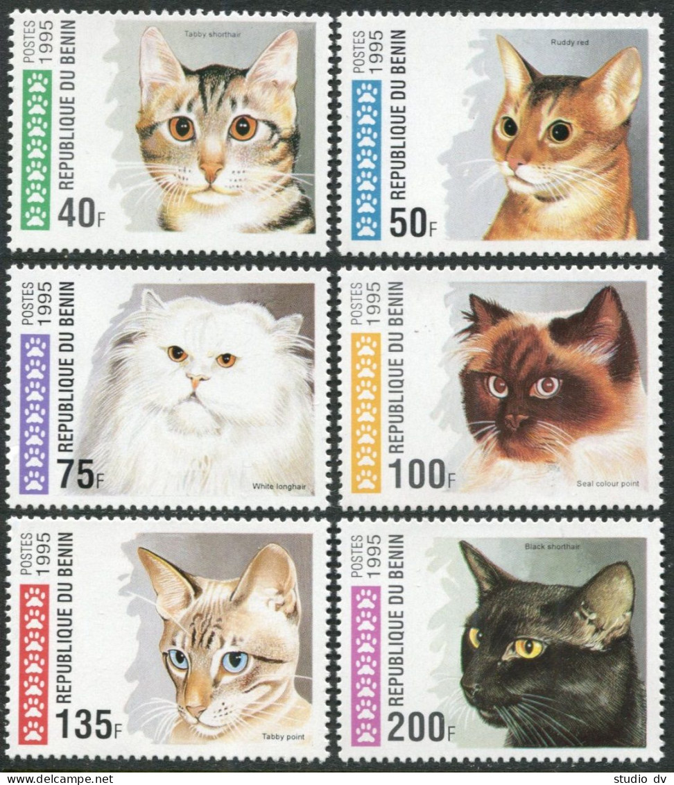 Benin 761-766,767, MNH. Domestic Cats 1995. Tabby,Ruddy Red,White Longhair,Seal  - Benin - Dahomey (1960-...)