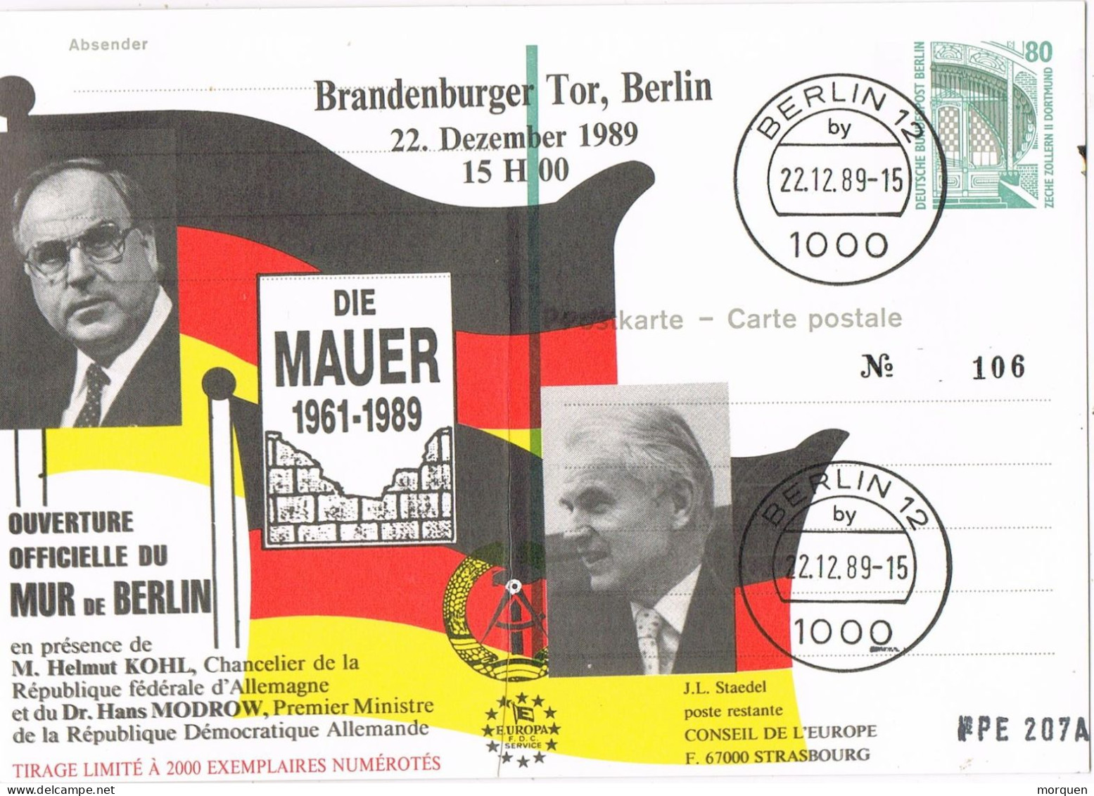 55160. Entero Postal BERLIN (alemania Berlin) 1989. Ouverture MUR De BERLIN. Europa Service - Postcards - Used