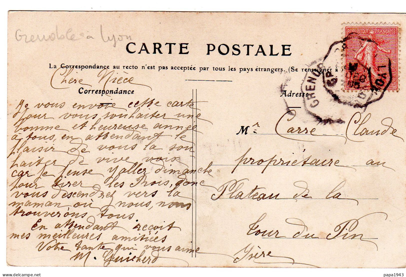 1905  C P  CAD  Convoyeur De GRENOBLE à LYON  Nvoyée à LA TOUR DU PIN - Lettres & Documents