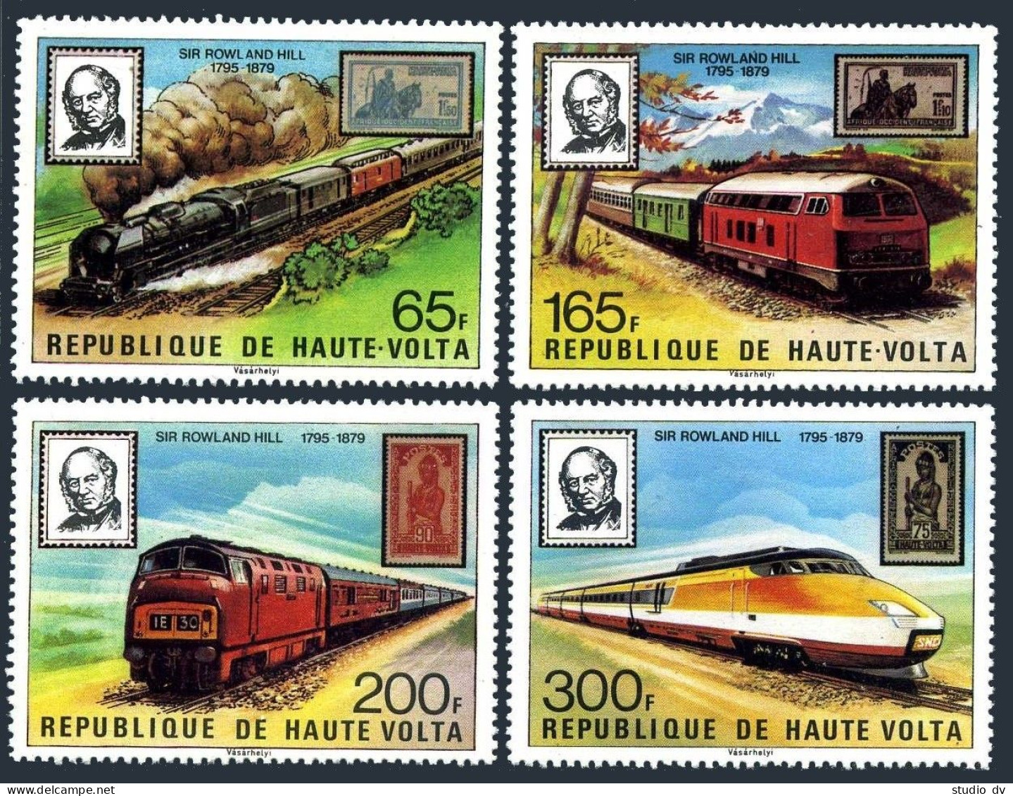 Burkina Faso 501-504, MNH. Michel 755-758, Bl.53. Sir Rowland Hill, 1979.Trains. - Burkina Faso (1984-...)