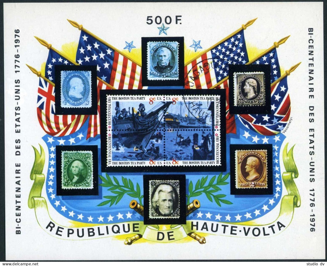 Burkina Faso 358 Sheet, CTO. Michel Bl.28. USA-200. Boston Tea Party. US Stamps. - Burkina Faso (1984-...)