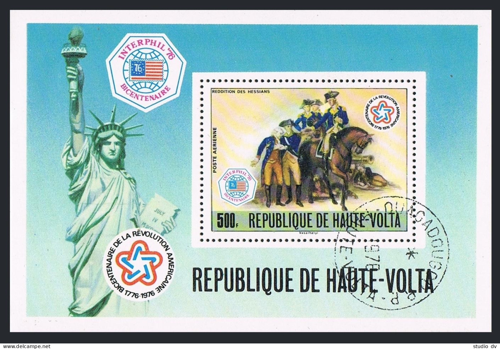 Burkina Faso C244,CTO.Mi Bl.44. USA-200.Interphil-1976.Surrender Of Hessians. - Burkina Faso (1984-...)