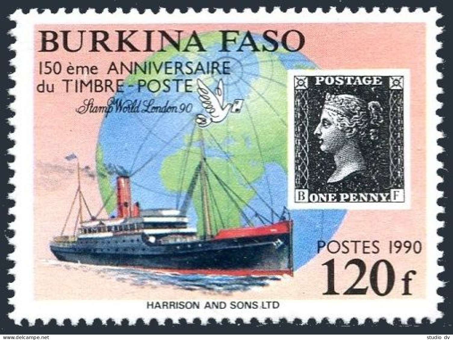 Burkina Faso 889,MNH. Mi 1224. Postage Stamp, 150th Ann.1990. Penny Black, Ship. - Burkina Faso (1984-...)