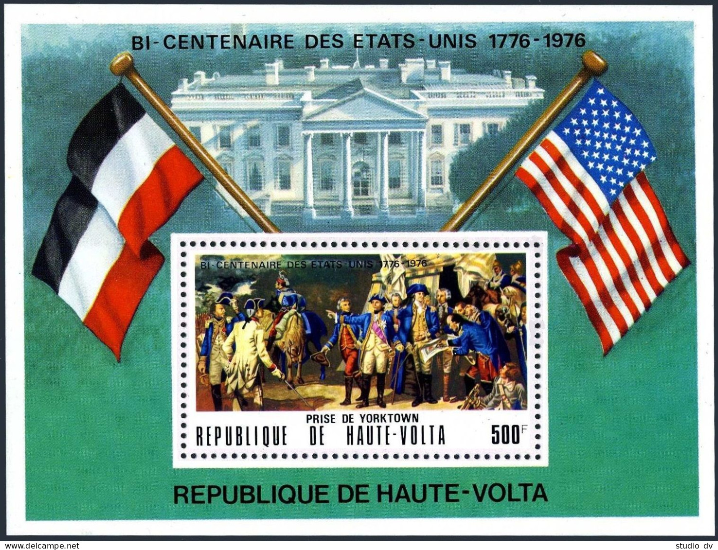 Burkina Faso 367A, MNH. Mi Bl.34. USA-200, 1976. Washington, Lafayette, Flags. - Burkina Faso (1984-...)