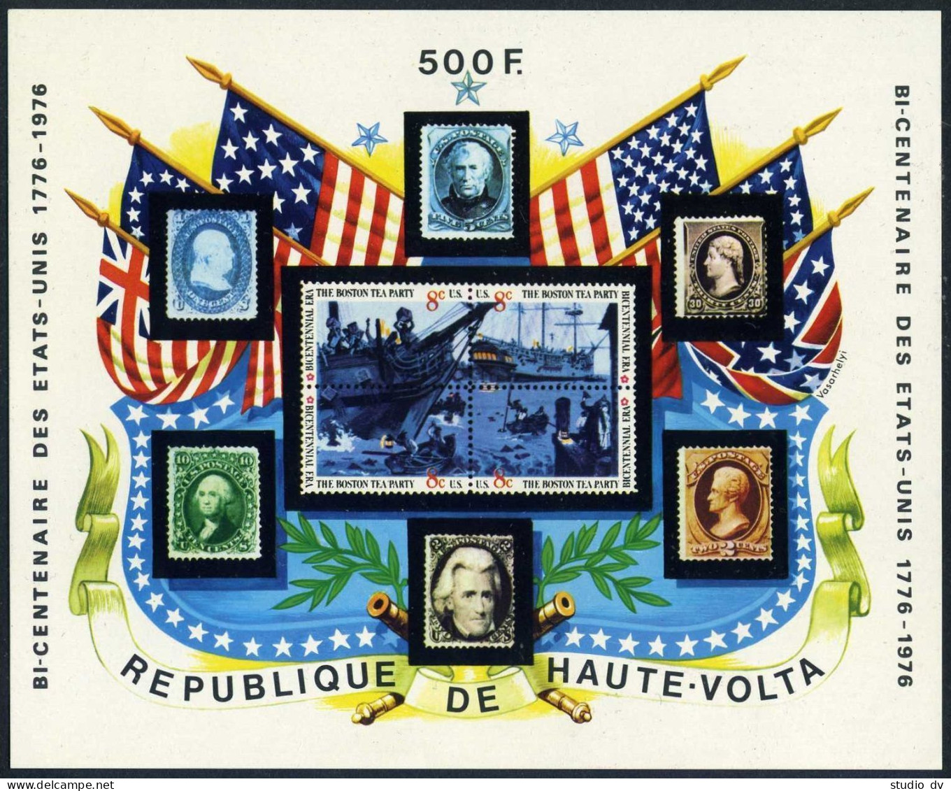 Burkina Faso 352-357, 358, MNH. Mi 551-555,Bl.31. USA-200, Stamp On Stamp. 1975. - Burkina Faso (1984-...)