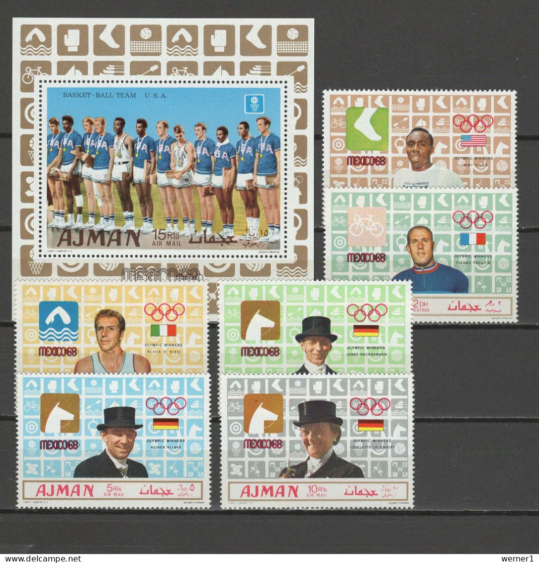 Ajman 1969 Olympic Games Mexico, Basketball, Equestrian, Cycling, Swimming Etc. Set Of 6 + S/s MNH - Ete 1968: Mexico
