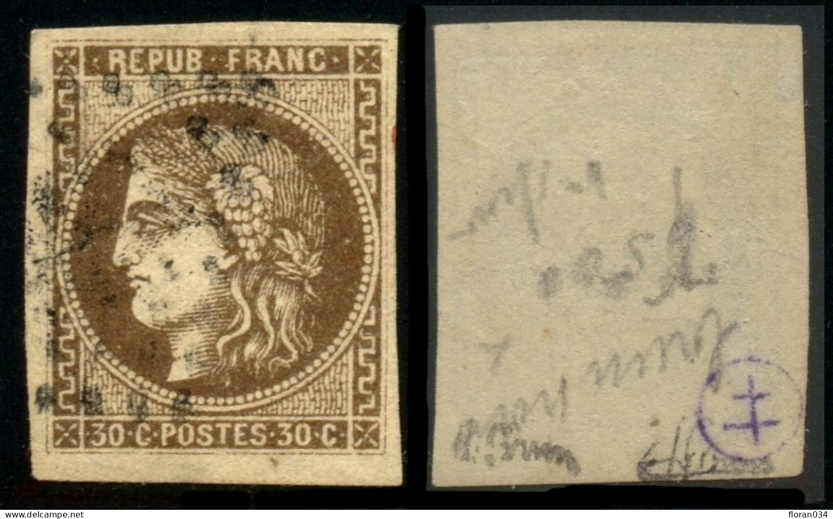France N° 47e R Relié Au Cadre Obl. GC - Signé A.Brun/ JF Brun - Cote 560 Euros - TB Qualité - 1870 Bordeaux Printing