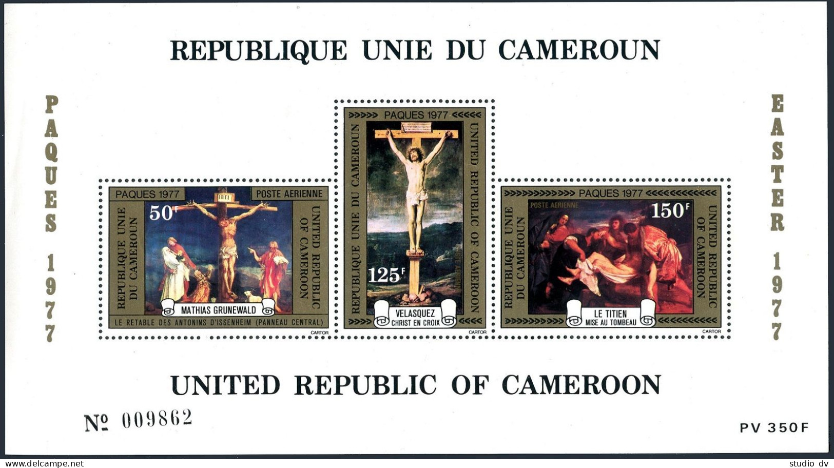 Cameroun C242a, MNH. Easter 1977. Crucifixion, By Grunewald, Velazquez, Titian. - Kamerun (1960-...)