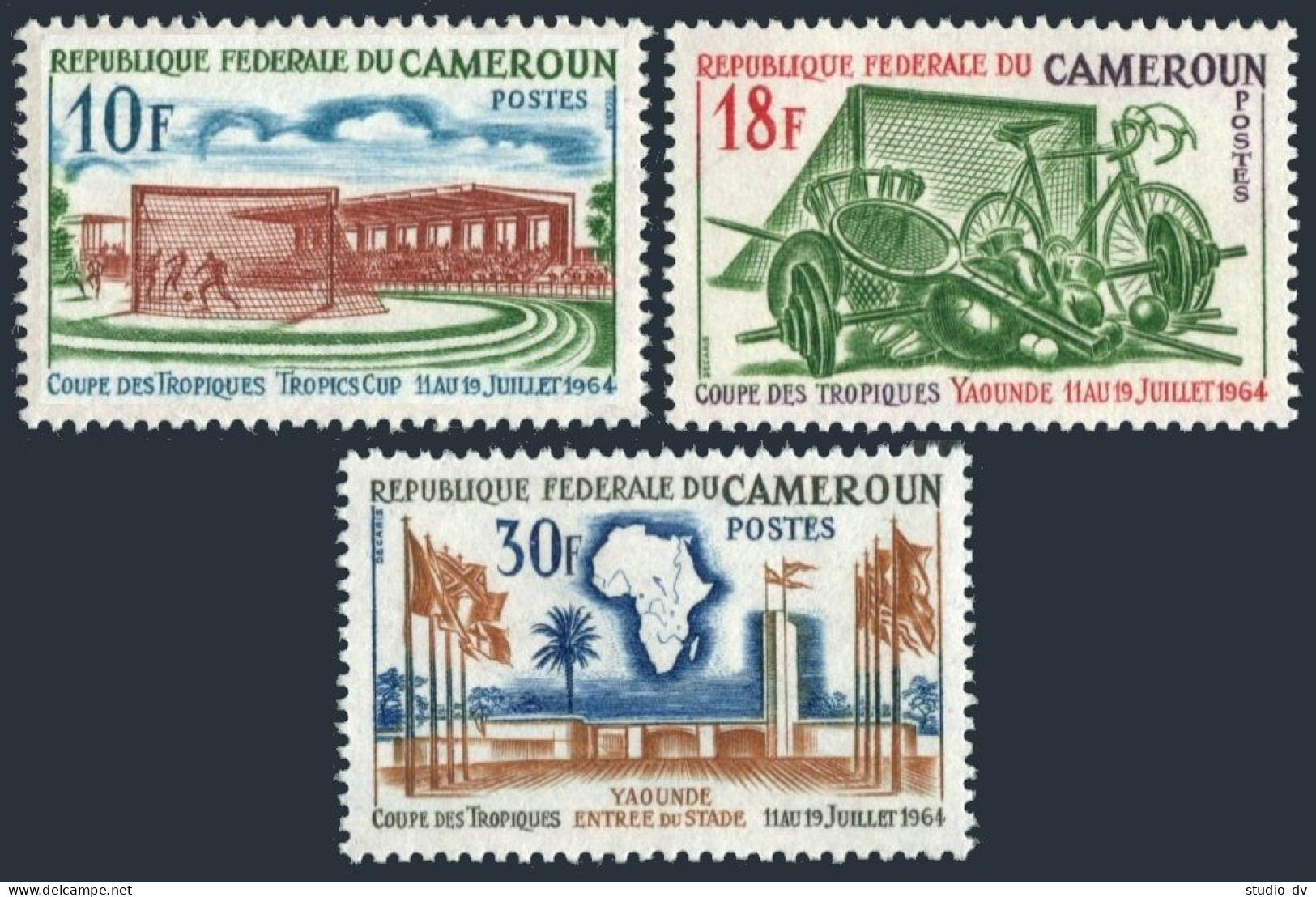 Cameroun 398-400, MNH. Michel 405-407. Tropics Cup Games, 1964. Soccer, Stadium. - Cameroun (1960-...)