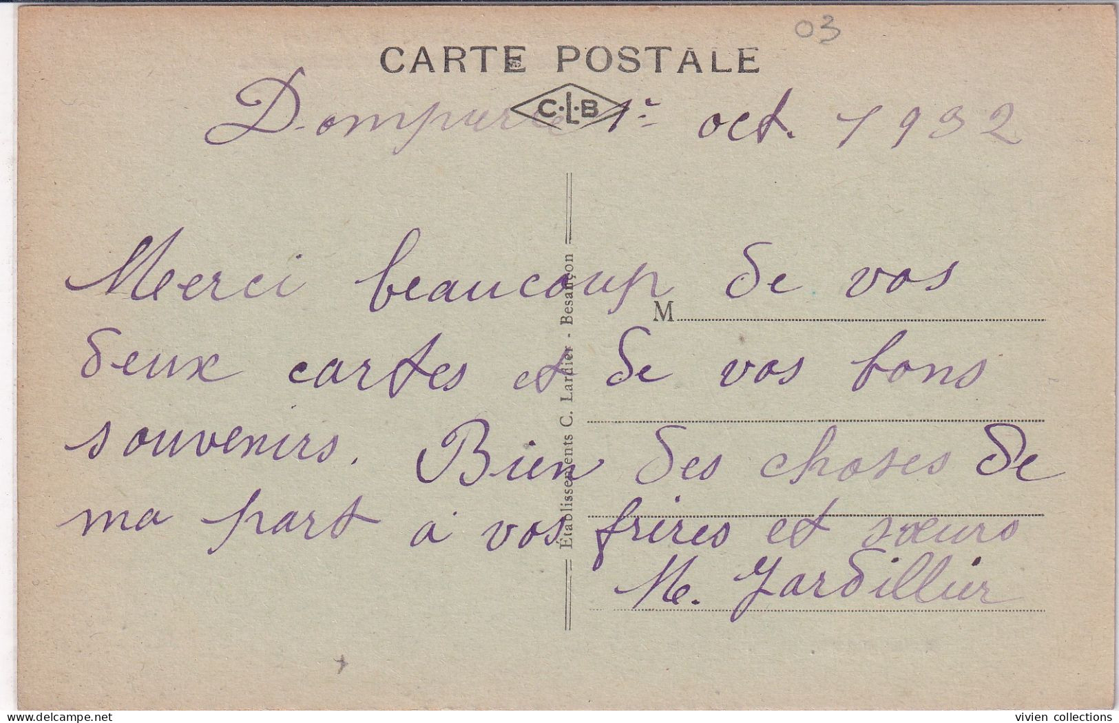 Dompierre Sur Besbre (03 Allier) Rue De La Gare La Poste La Gendarmerie - édit. Lardier Circulée 1932 - Other & Unclassified