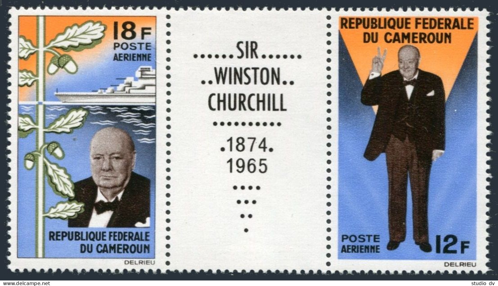 Cameroun C55-C56a Pair/label,MNH. Winston Churchill,1965. Battleship, Oak Leaves - Cameroon (1960-...)