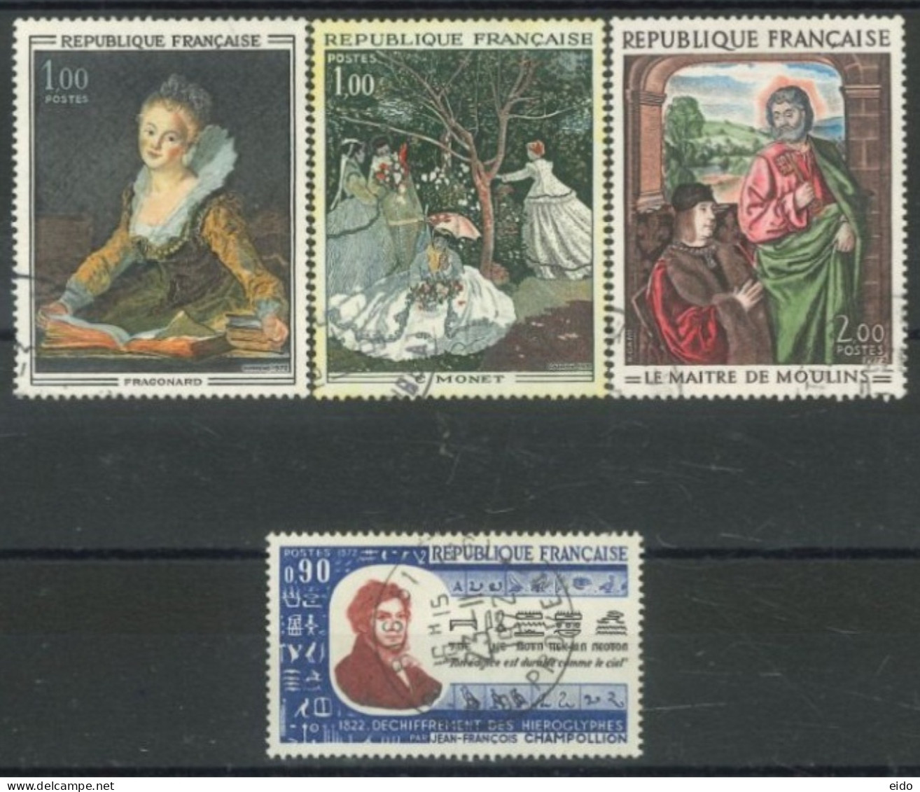 FRANCE - 1972, INTAGLIO WORKS OF ART IN LACE & 150th ANNIV OF JEAN FRANCOIS HIEROGLYPHS STAMPS SET OF 4, USED - Used Stamps