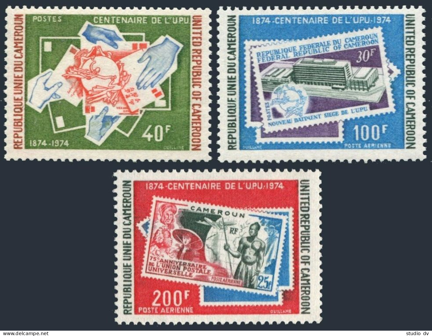 Cameroun 594, C218-C219, MNH. Michel 780-782. UPU-100, 1974. Stamp On Stamp. - Kameroen (1960-...)
