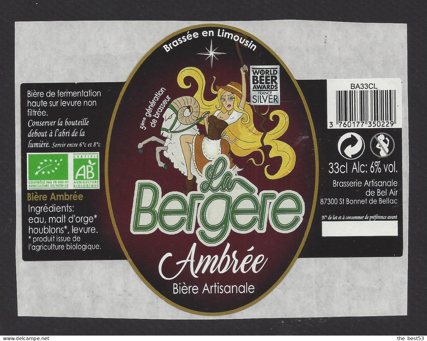 Etiquette De Bière Ambrée 33 Cl  -  La Bergère  -  Brasserie De Bel Air  à  Saint Bonnet De Bellac  (87) - Bier
