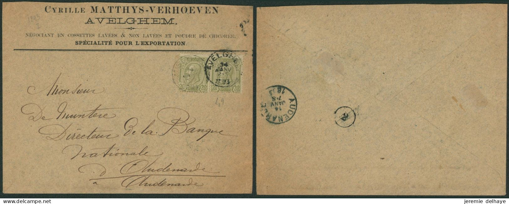 émission 1884 - N°47 X2 Sur Lettre à En-tête (Négociant) Expédié De Avelghem (1893) > Audenarde / Double Port - 1884-1891 Léopold II