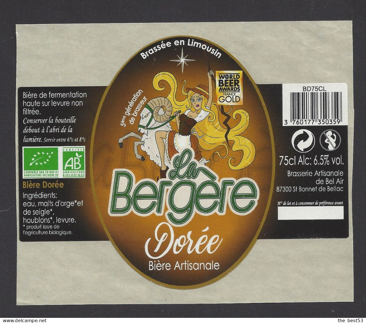 Etiquette De Bière Dorée  -  La Bergère  -  Brasserie De Bel Air  à  Saint Bonnet De Bellac  (87) - Beer