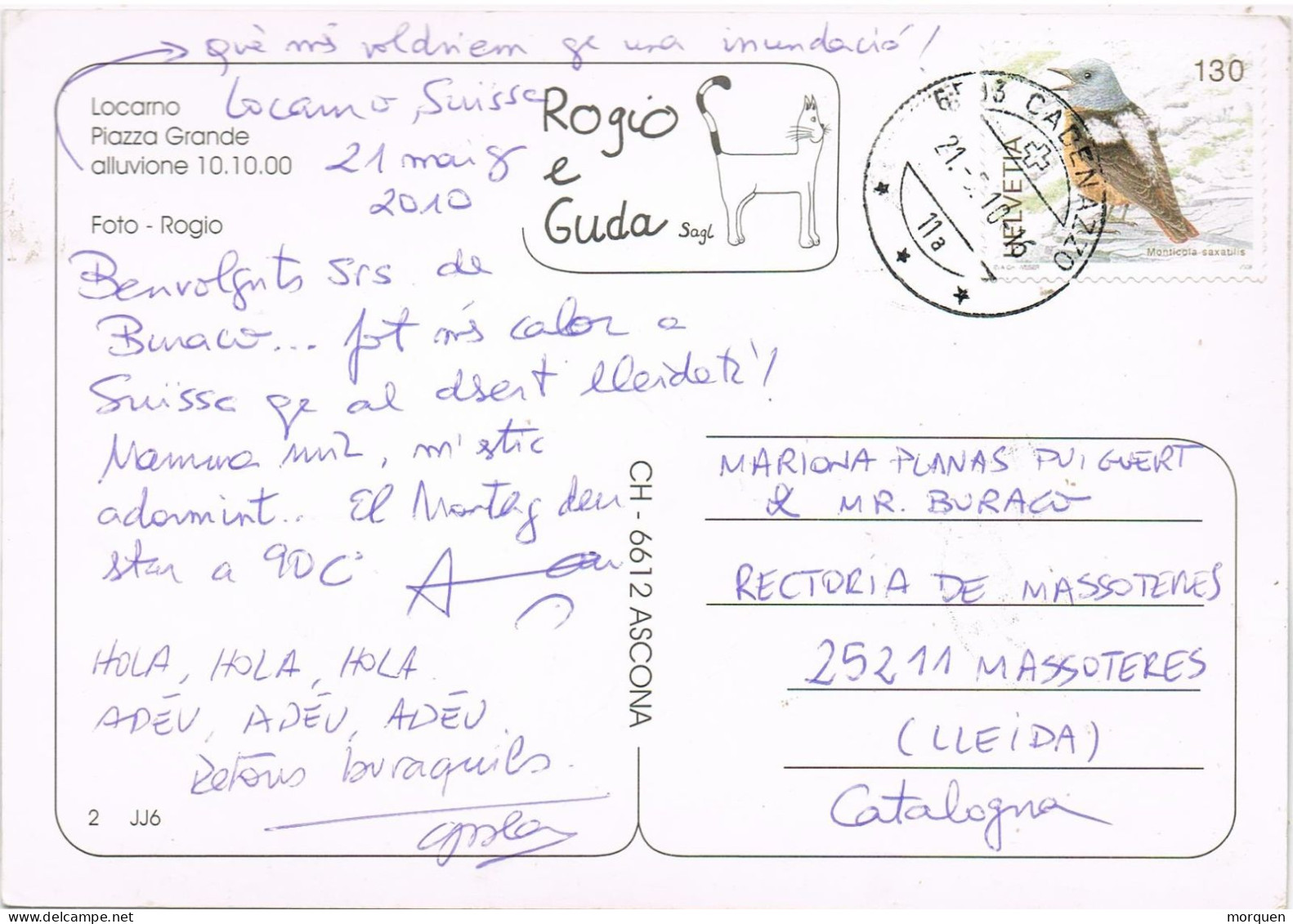 55163. Postal CADENAZZO, Tesino (Suisse) 2010. Vista Piazza Grande Di LOCARNO, Aluvione 2000 - Briefe U. Dokumente