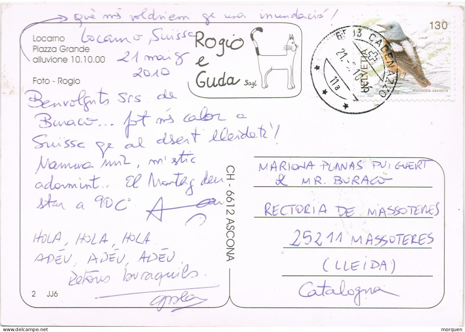 55163. Postal CADENAZZO, Tesino (Suisse) 2010. Vista Piazza Grande Di LOCARNO, Aluvione 2000 - Lettres & Documents