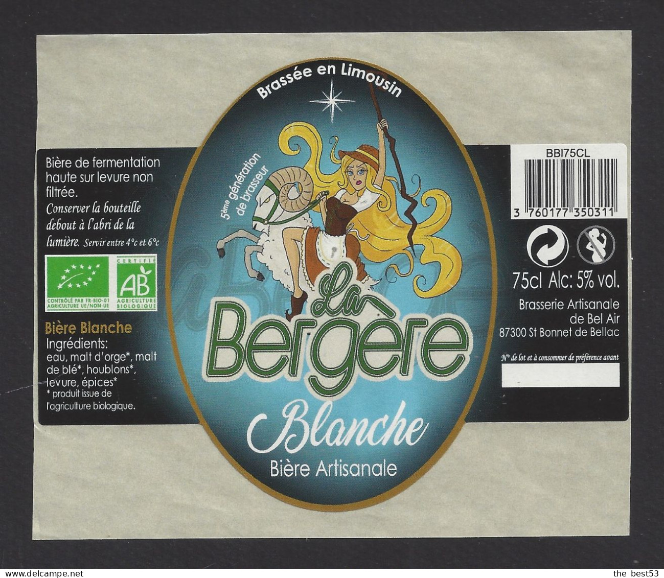 Etiquette De Bière Blanche  -  La Bergère  -  Brasserie De Bel Air  à  Saint Bonnet De Bellac  (87) - Bière
