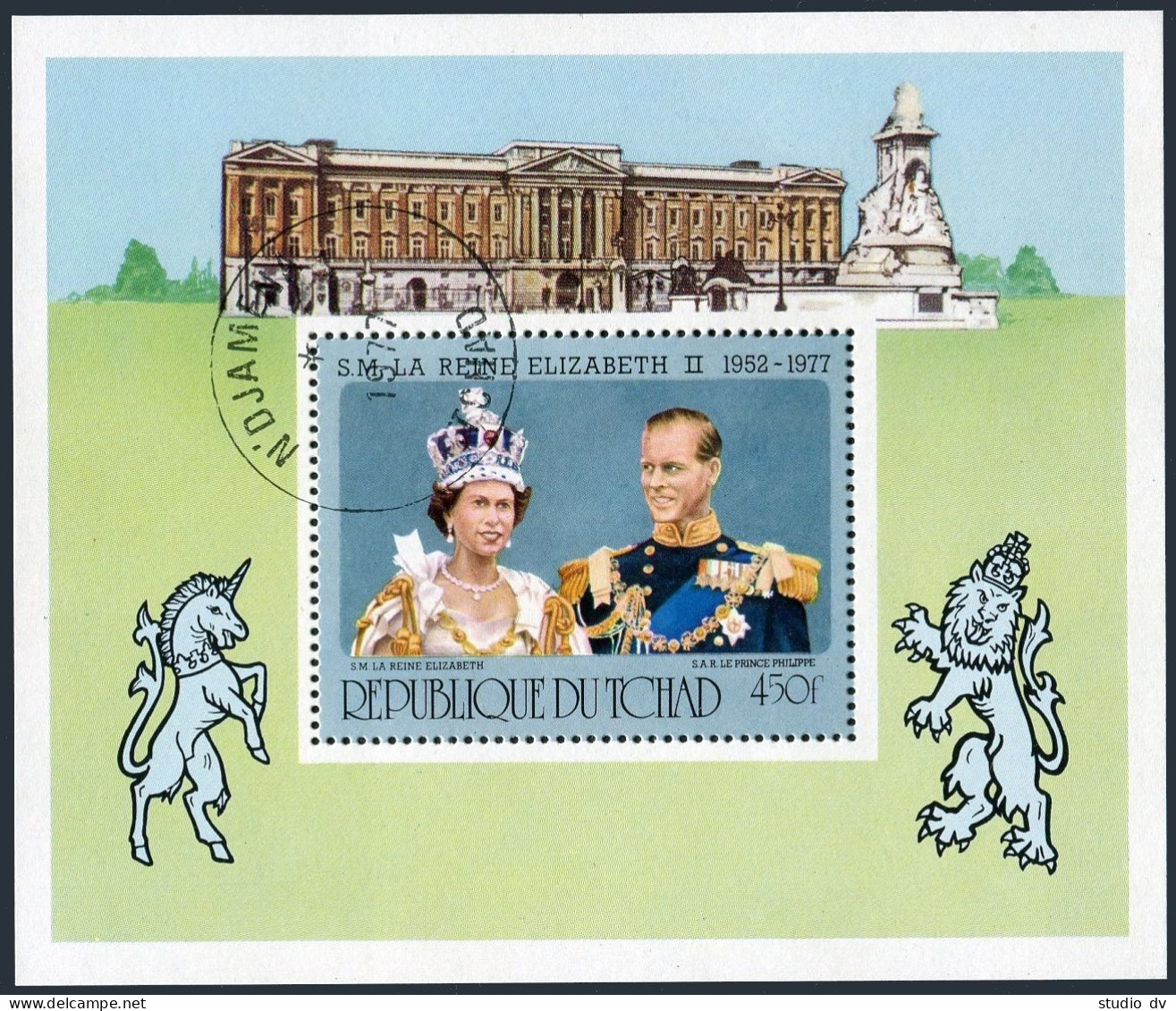 Chad 328,329 Sheet,CTO.Mi 782,Bl.69. Reign Of Queen Elizabeth II, 25th Ann.1977. - Chad (1960-...)