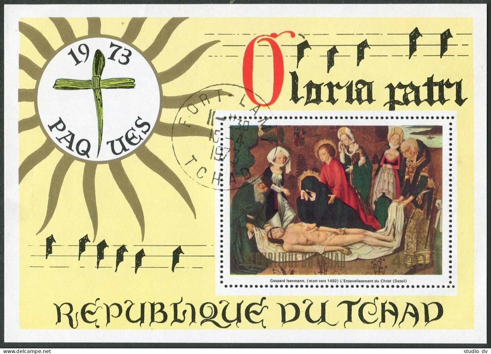 Chad 294F Sheet, CTO. Easter 1973. Entombment Of Christ By Gaspard Isenmann. - Chad (1960-...)