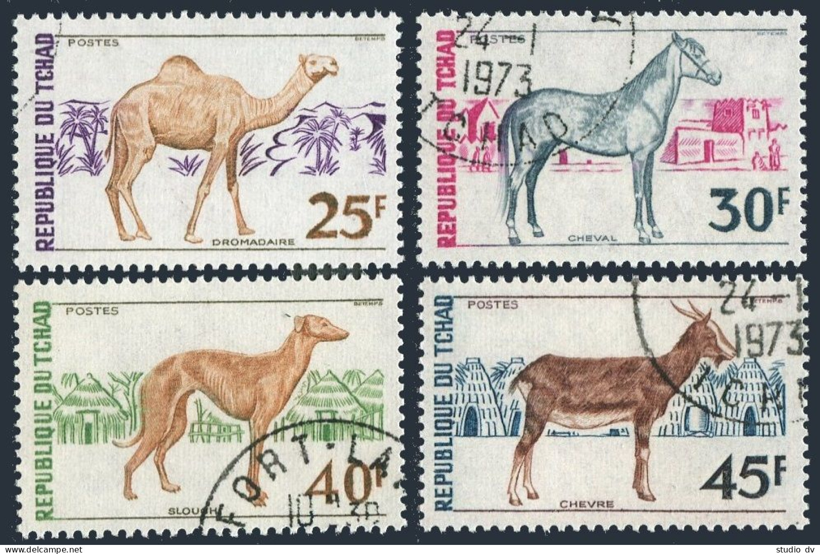 Chad 271-274, CTO. Michel 592-595. Farm Animals 1972.Dromedary, Horse, Dog, Goat - Chad (1960-...)