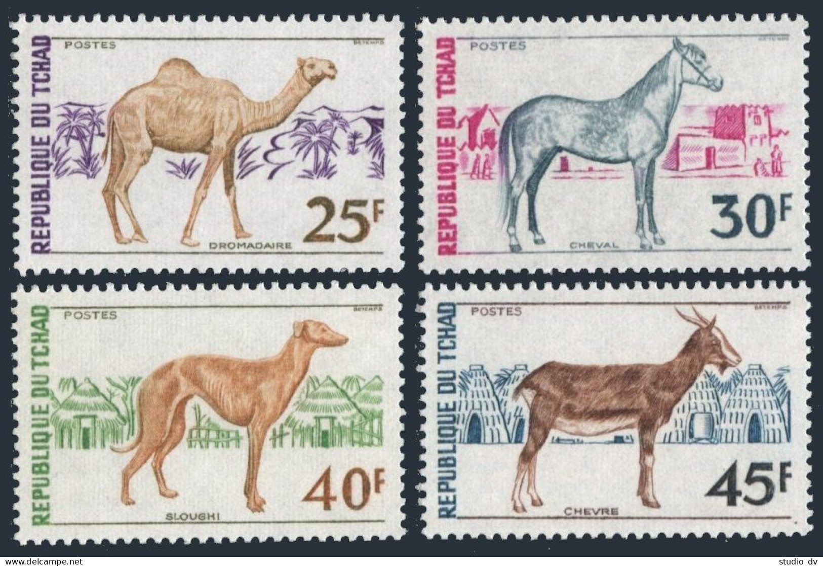 Chad 271-274,hinged.Michel 592-595. Farm Animals 1972.Dromedary,Horse,Dog,Goat. - Chad (1960-...)