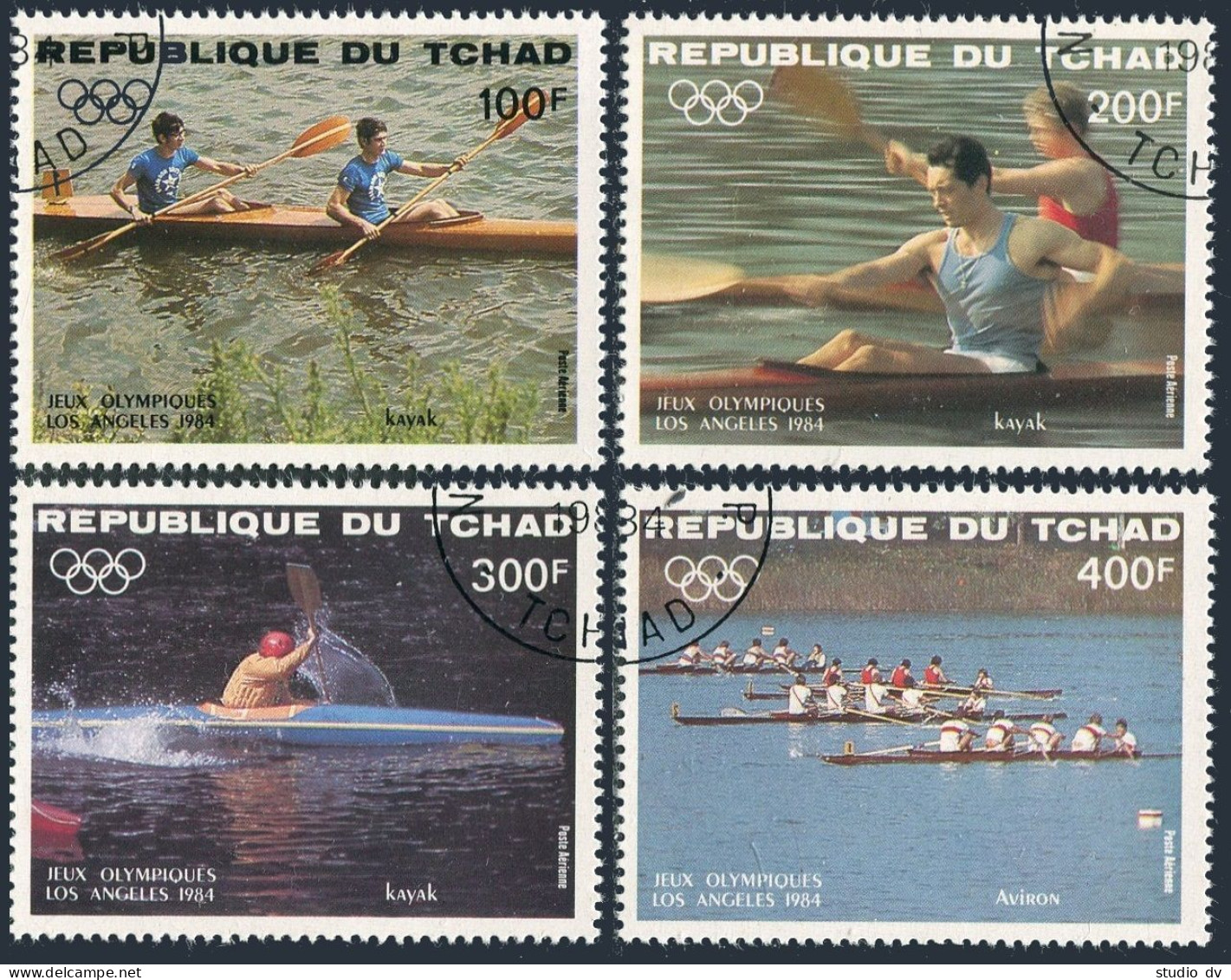 Chad C271-C274,C275, CTO. Mi 1056-1059, Bl.221. Olympics Los Angeles-1984.Kayak. - Chad (1960-...)