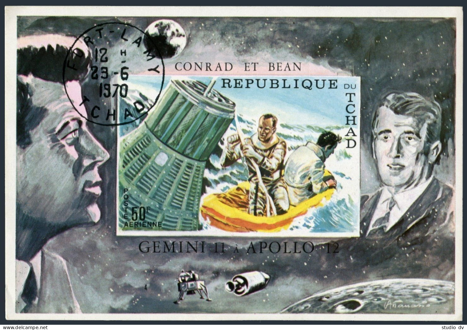 Chad 225E Imp,CTO.Mi Bl.26B. Apollo Program,1970.Astronauts In Life Raft,Kennedy - Tchad (1960-...)