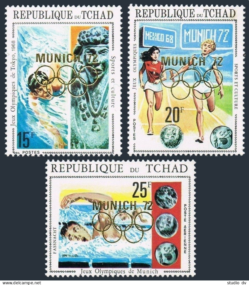 Chad 251A-251C, MNH. Michel 534-536. Olympics Munich-1972, Overprinted In Gold. - Tsjaad (1960-...)