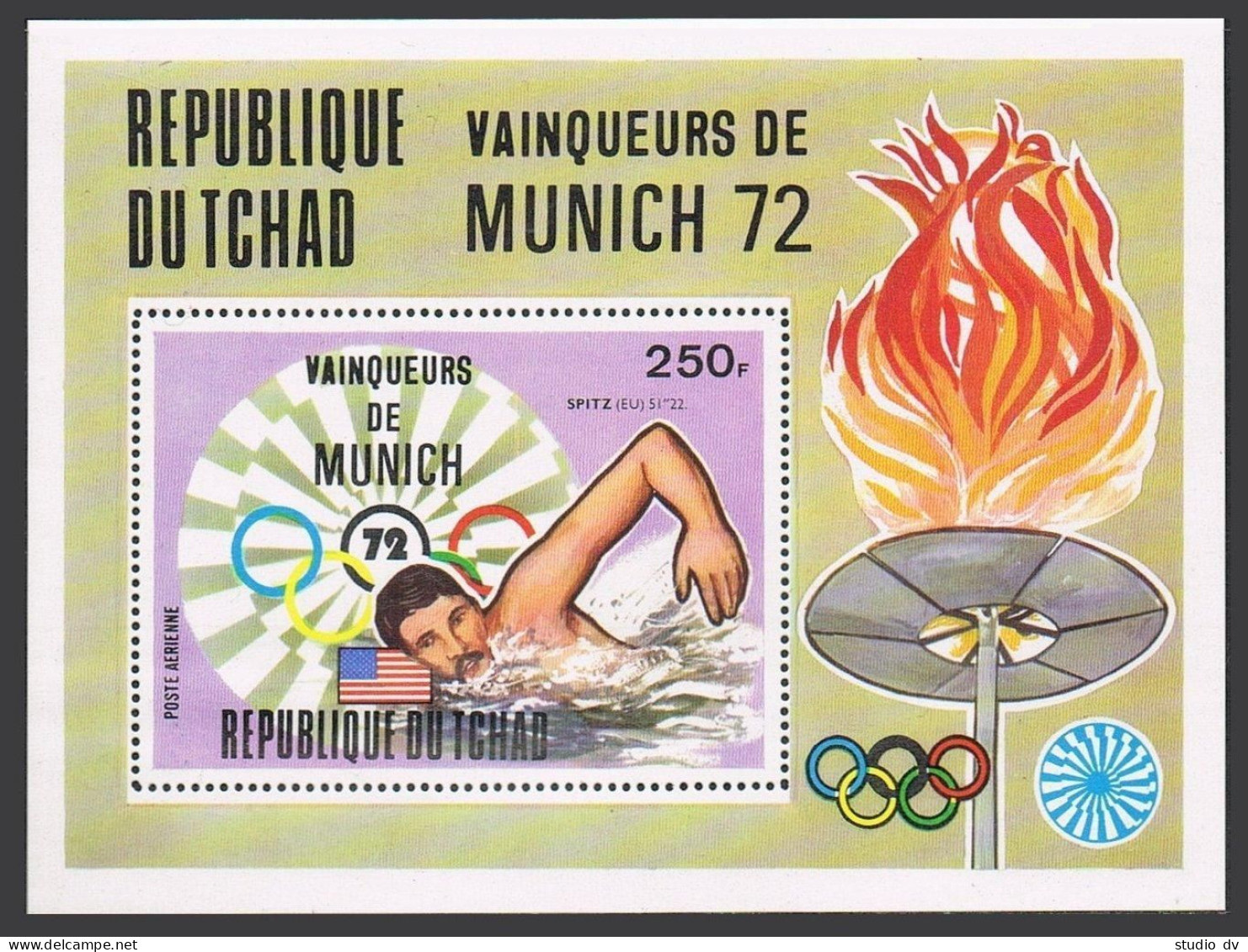 Chad C153,MNH.Mi Bl.57. Olympics Munich-1972.Medal Winners.Swimming,Mark Spitz.  - Chad (1960-...)