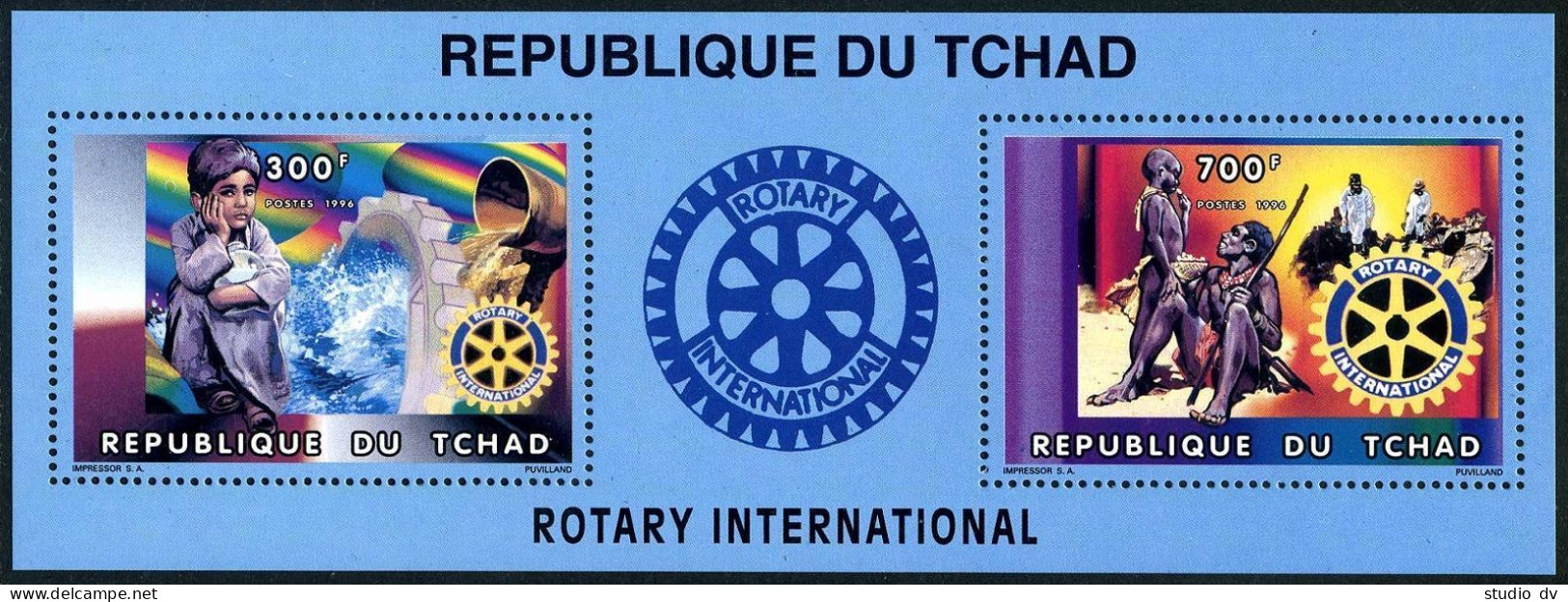Chad 696 Ab Strip,sheet,MNH. Rotary Intl 1996.Boy,water Pipes;Native,volunteers. - Tchad (1960-...)
