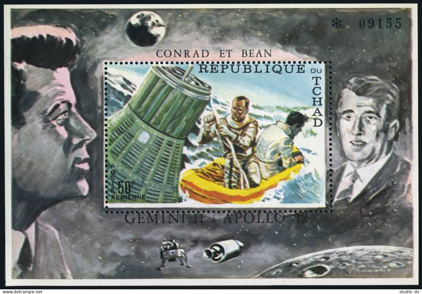 Chad 225E,MNH.Mi Bl.26. Apollo Program,1970.Conrad And Bean In Life Raft,Kennedy - Tschad (1960-...)