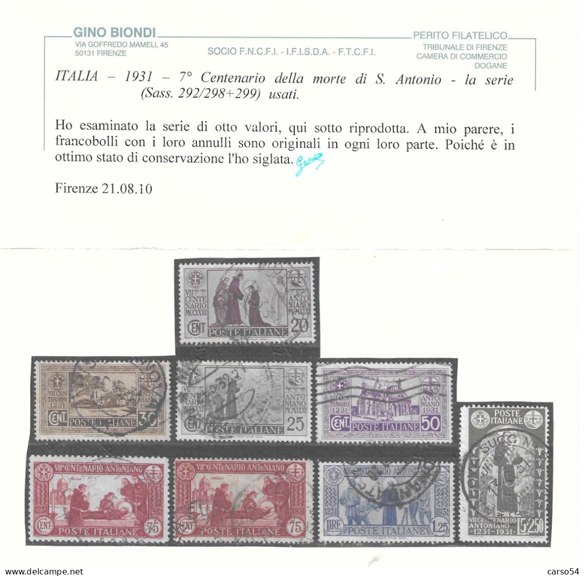 1931 - 7^ CENTENARIO MORTE S.ANTONIO SERIE DI 7 VALORI USATI  - SASSONE EURO 1.300 - Afgestempeld