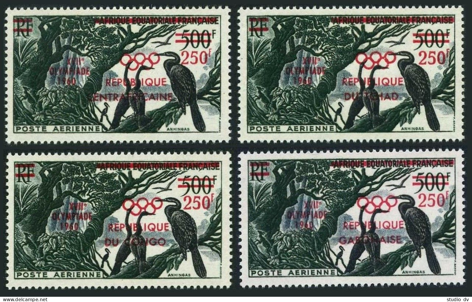 CAR C4,Chad C1,Congo C1,Gabon C3,MNH. Olympics Rome-1960.Birds Anhingas. - Tsjaad (1960-...)