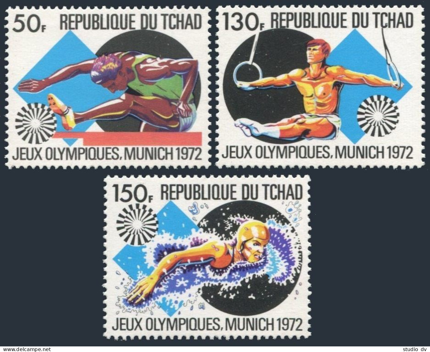 Chad 260-262, MNH. Mi 550-552. Olympics Munich-1972. Hurdles,Gymnastics,Swimming - Tsjaad (1960-...)