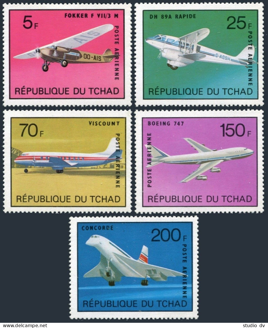 Chad C154F-C154K,MNH.Michel 679-683. Airplanes 1973.Fokker,Rapide,Concorde, - Chad (1960-...)