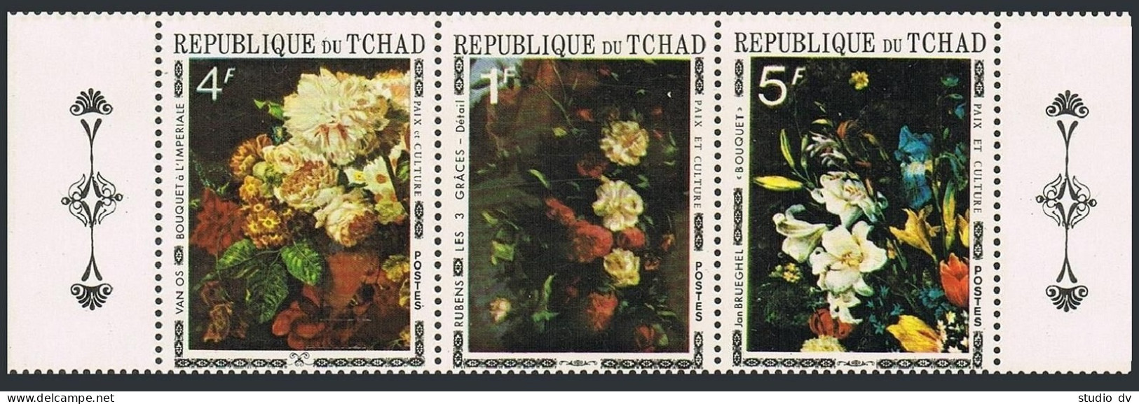 Chad 236A Ac Strip, MNH. Flowers 1971, By Rubens, Van Os, Jan Brueghel.  - Tchad (1960-...)