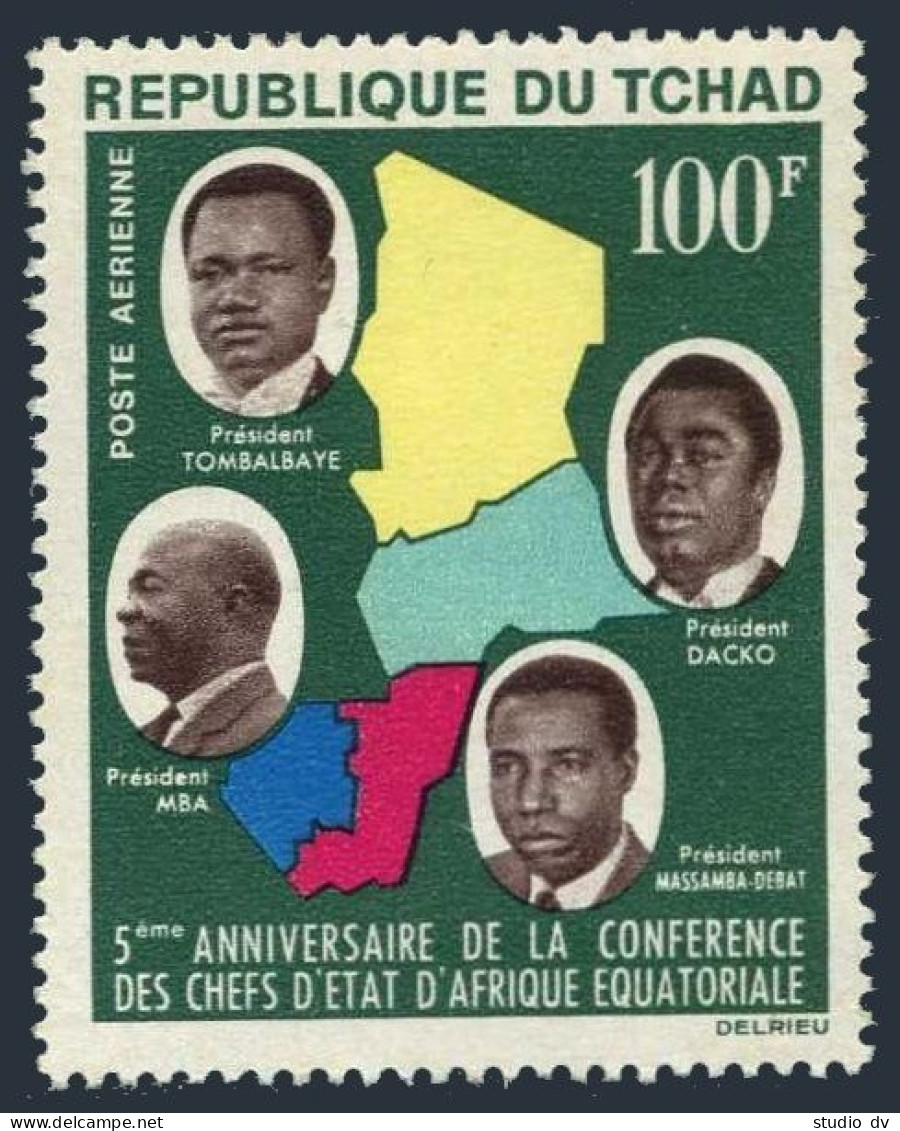Chad C13, Lightly Hinged. Map, Presidents: CAR, Chad, Congo PR, Gabon. 1964. - Tschad (1960-...)
