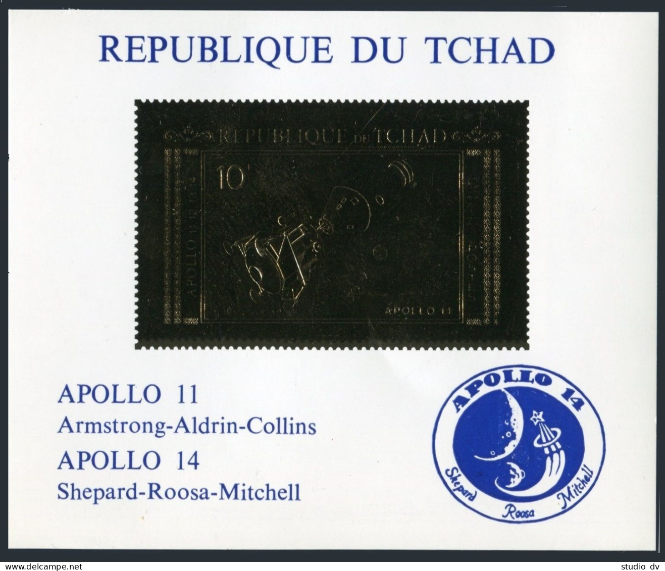 Chad 239Ab Sheet,gold Imperf,MNH.Michel 387B. Space 1971.Apollo 11,Apollo-14. - Tsjaad (1960-...)