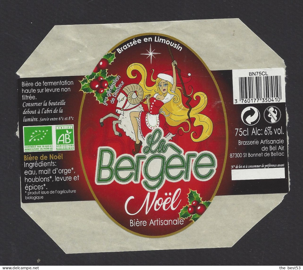 Etiquette De Bière De Noël -  La Bergère  -  Brasserie De Bel Air  à  Saint Bonnet De Bellac  (87) - Birra