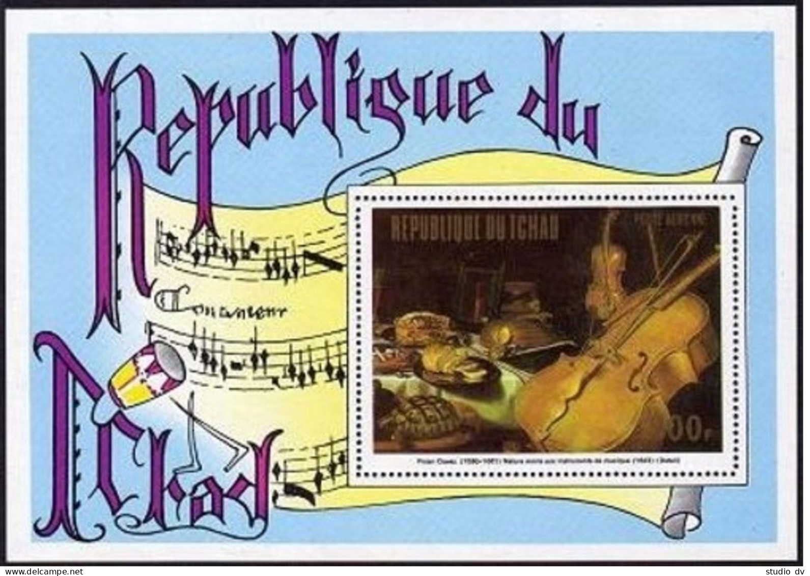 Chad 292F, MNH. Mi 579 Bl.50. Musical Instruments .Painting, Peter Claesz. 1973. - Tsjaad (1960-...)