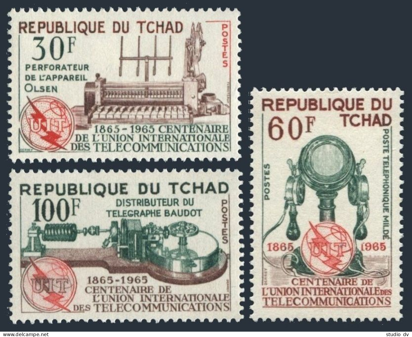 Chad 112-114,MNH. Mi 135-137. ITU-100,1965. Olsen Perforator,Telephone,Telegraph - Chad (1960-...)