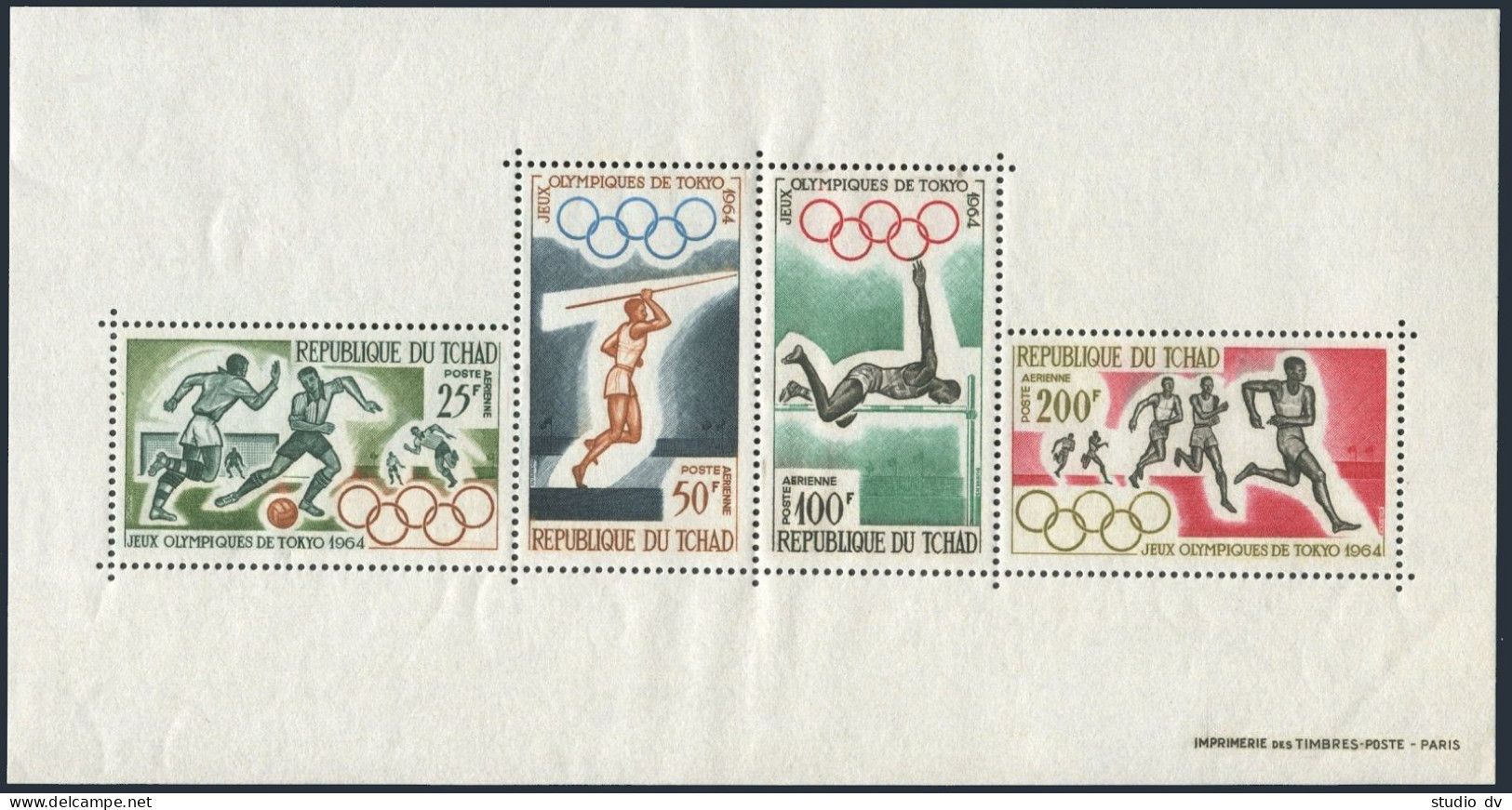 Chad C18a, MNH. Mi Bl.1. Olympics Tokyo-1964. Soccer, Javelin Throw, High Jump, - Tchad (1960-...)