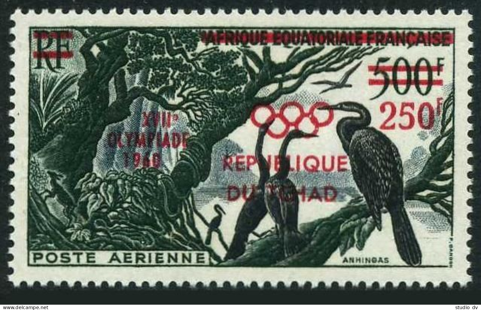 Chad C1, MNH. Michel 65. Birds Anhingas, Overprinted. Olympic Games Rome-1960. - Tchad (1960-...)