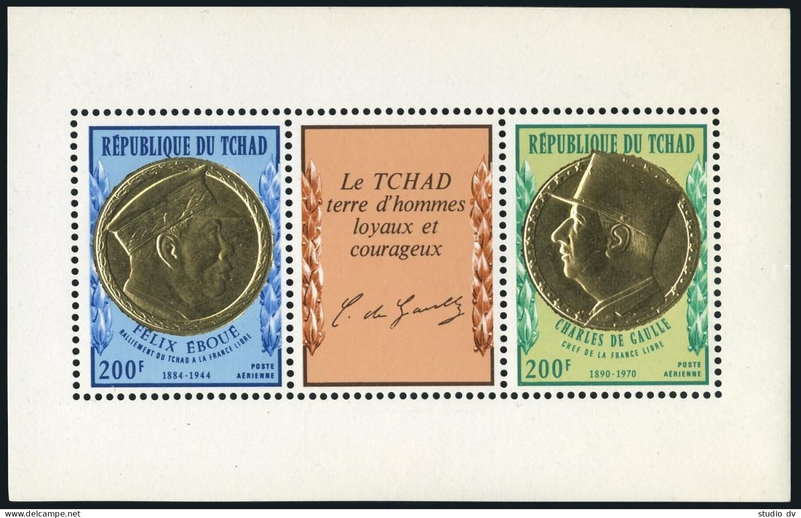 Chad C92-C93,C93a,MNH.Mi 424-425,Bl.28. Pres.Felix Eboue,Charles De Gaulle,1971. - Tchad (1960-...)